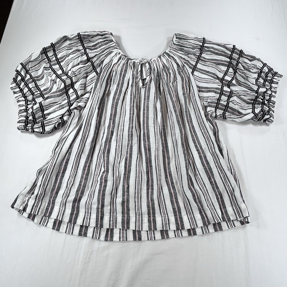 Tyler Boe Shirt Women Large White Black Pink Striped Linen Blouse Peasant Preppy